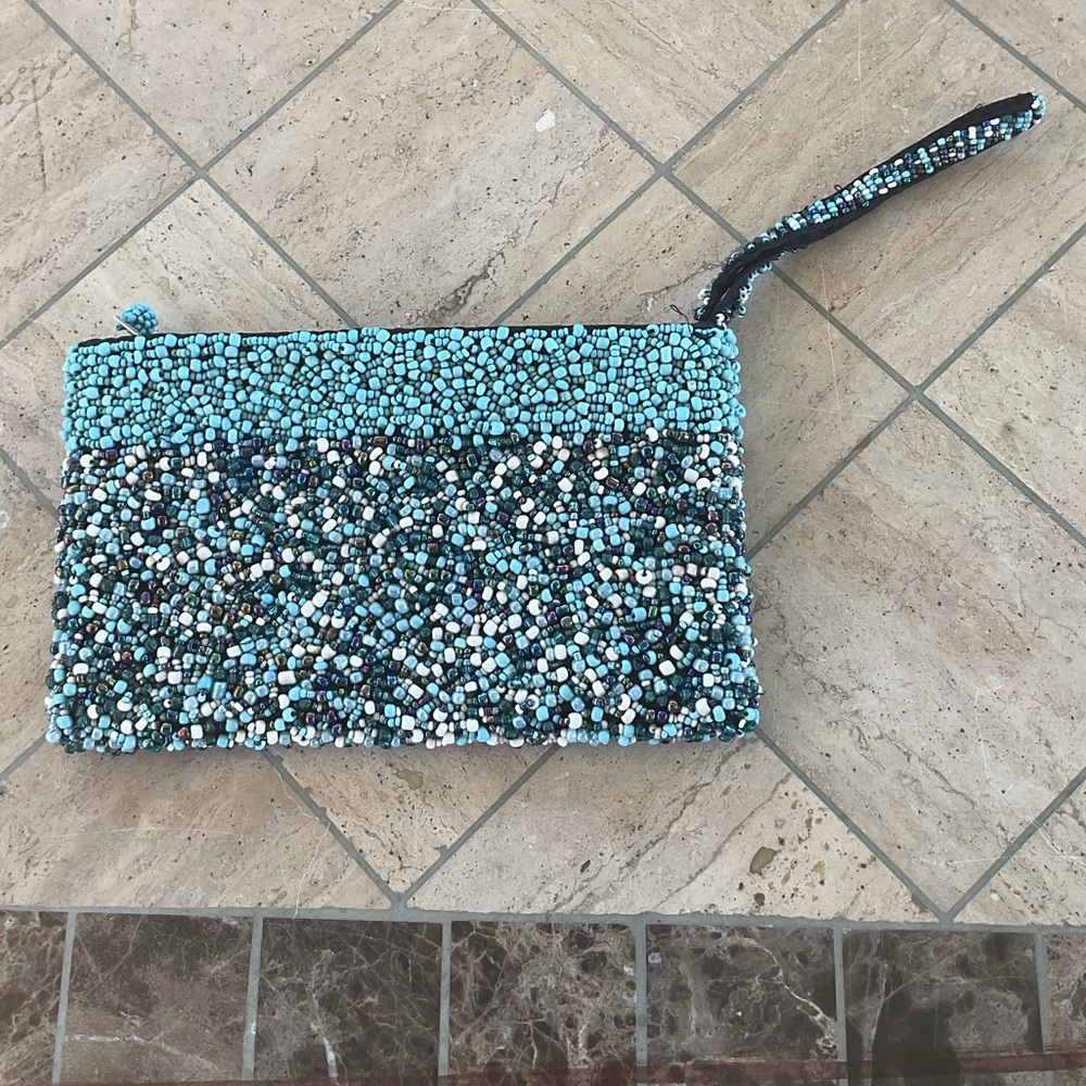 Elegant beaded turquoise, blue, and white beaded clutch purse handmade